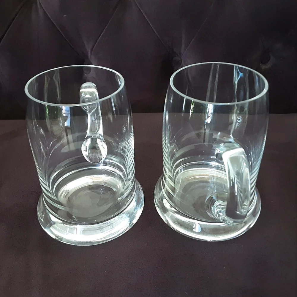 2 Hand Blown Wide Thick Bottom Glass Beer Mugs Stein Applied Handles 20 oz- Vtg